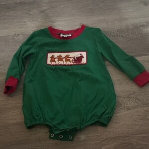 Green and Red Baby Romper with Reindeer Design Busy Bee Smocks